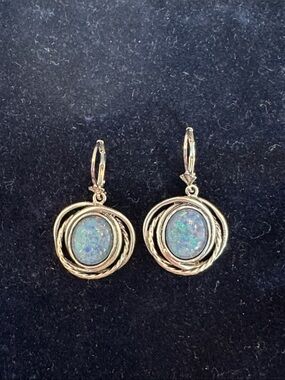 Or Paz Israel Sterling Silver Concentric Wire Circle Blue Opal Dangle Earrings